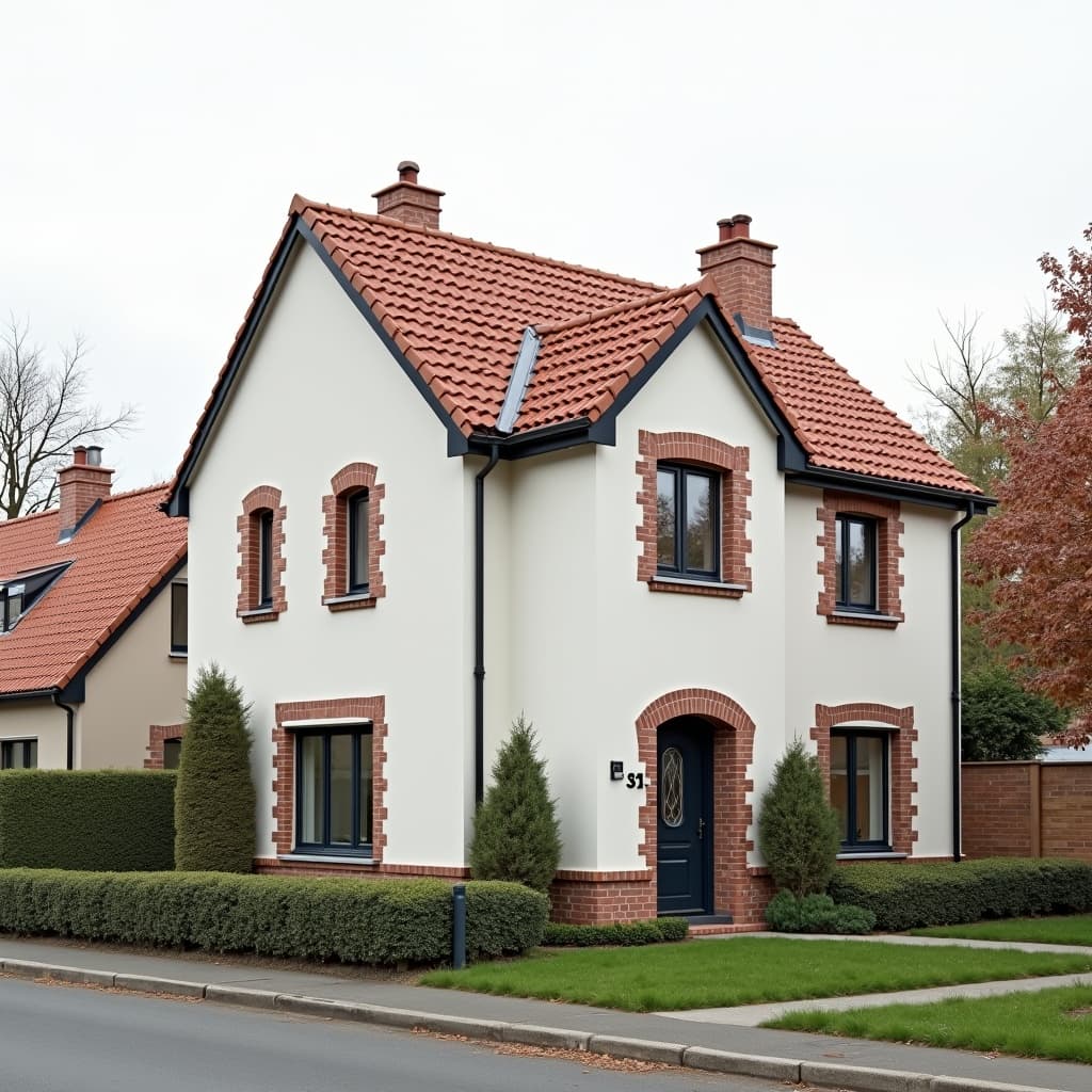 Modernes deutsches Einfamilienhaus mit weißem Putz und Klinker-Akzenten