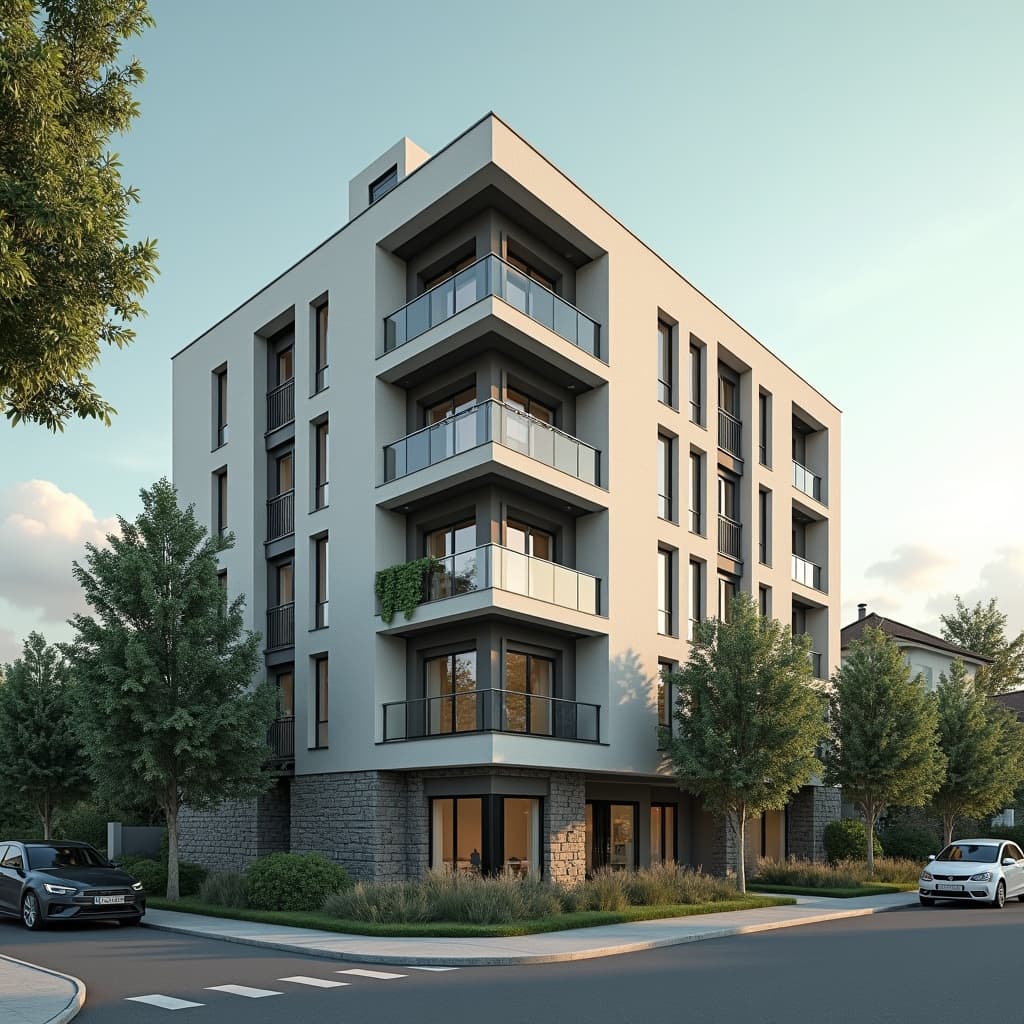 Modernes Mehrfamilienhaus in einer deutschen Wohnstraße