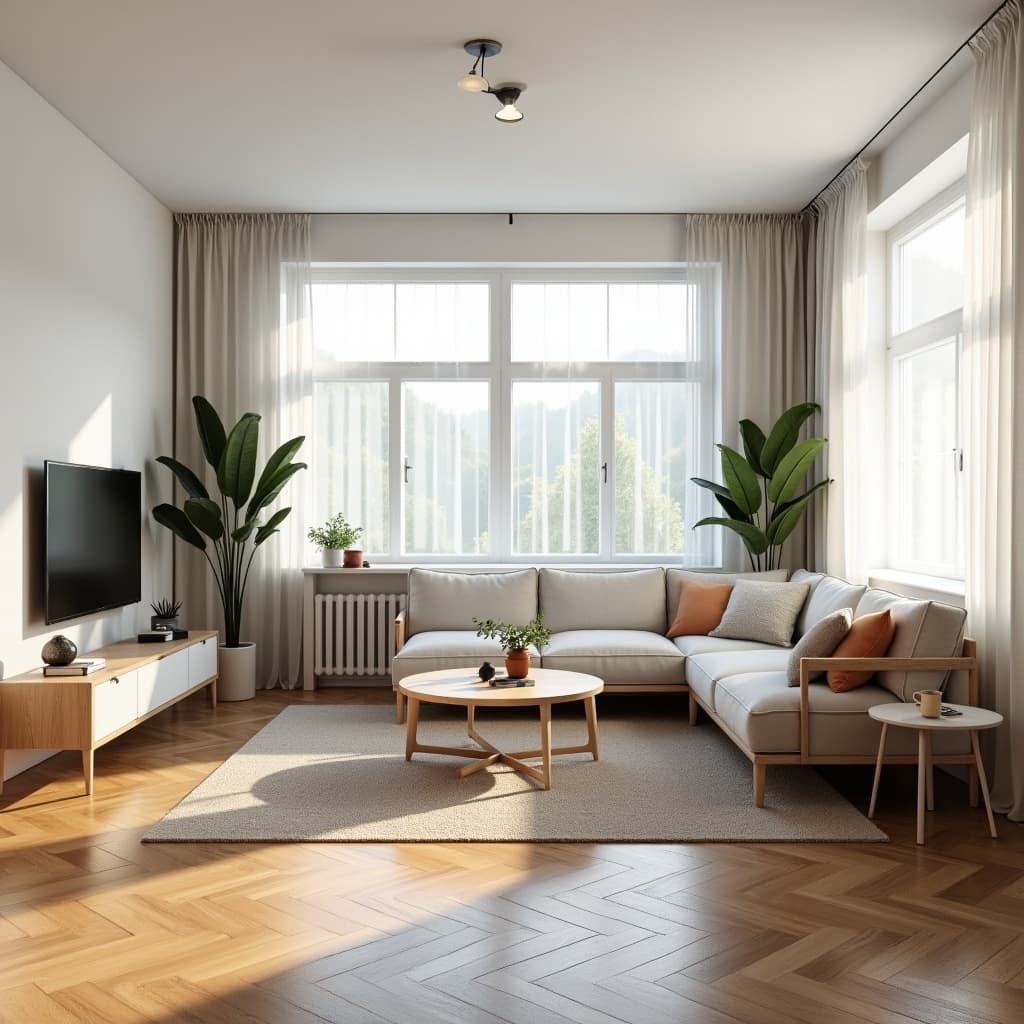 Helles Wohnzimmer einer modernen deutschen Eigentumswohnung